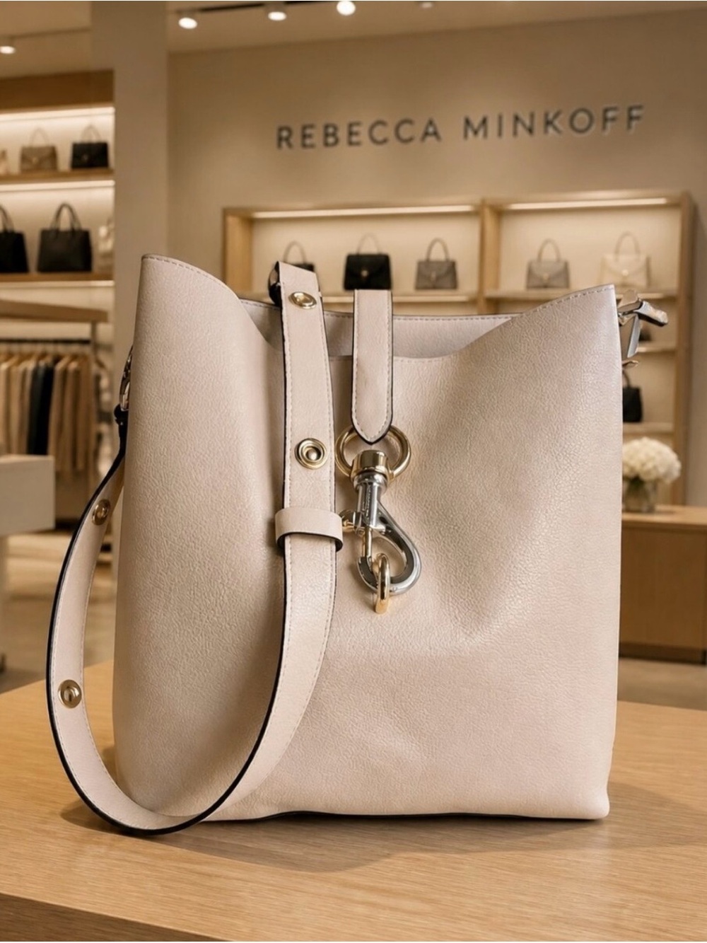 Rebecca Minkoff Pebbled Leather Bucket Bag in Stone